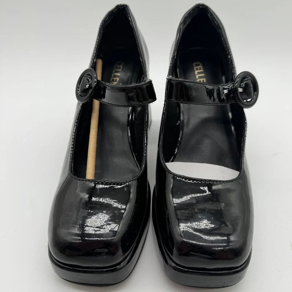 Cellenz Black Patent Mary Jane Platform Pumps Square Toe Block Heel Womens 8